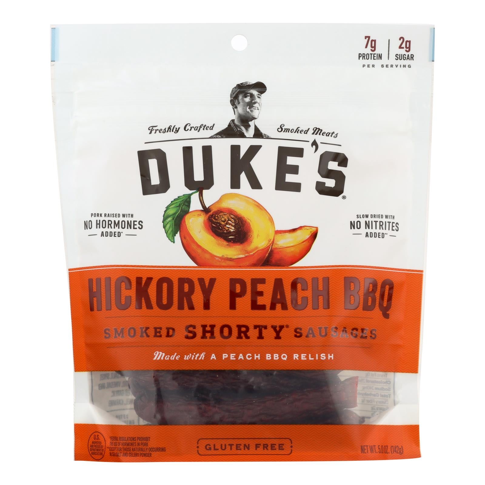 Dukes, Dukes Smoked Shorty Sausages - Hickory Peach BBQ Pork Sausages - Case of 8 - 5 oz.