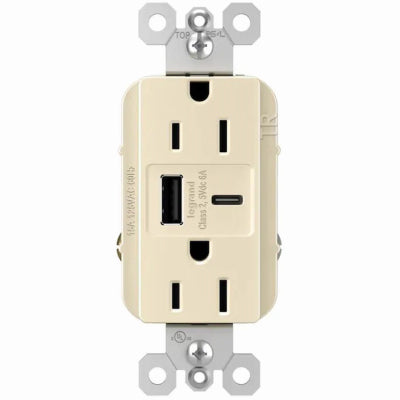 Pass & Seymour, Duplex Outlet + USB Charger, Type A/C, Light Almond, 6.0A, 15-Amp