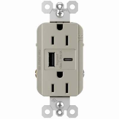 Pass & Seymour, Duplex Outlet + USB Charger, Type A/C, Nickel, 6.0A, 15-Amp