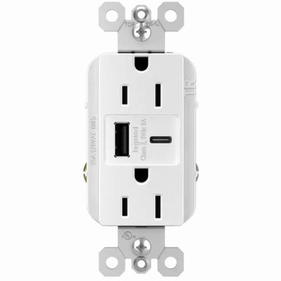 Pass & Seymour, Duplex Outlet + USB Charger, Type A/C, White, 6.0A, 15-Amp