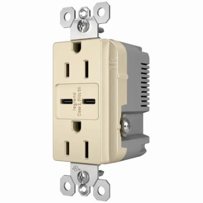 Pass & Seymour, Duplex Outlet + USB Charger, Type C, Light Almond, 6.0A, 15-Amp