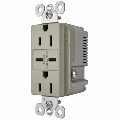 Pass & Seymour, Duplex Outlet + USB Charger, Type C, Nickel, 6.0A, 15-Amp