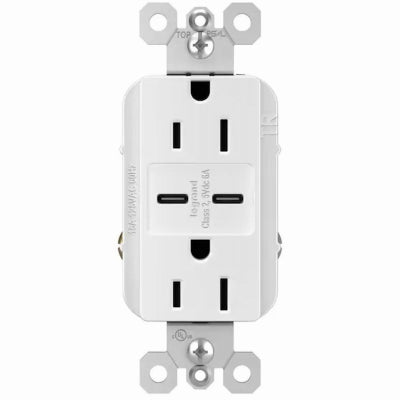 Pass & Seymour, Duplex Outlet + USB Charger, Type C, White, 6.0A, 15-Amp