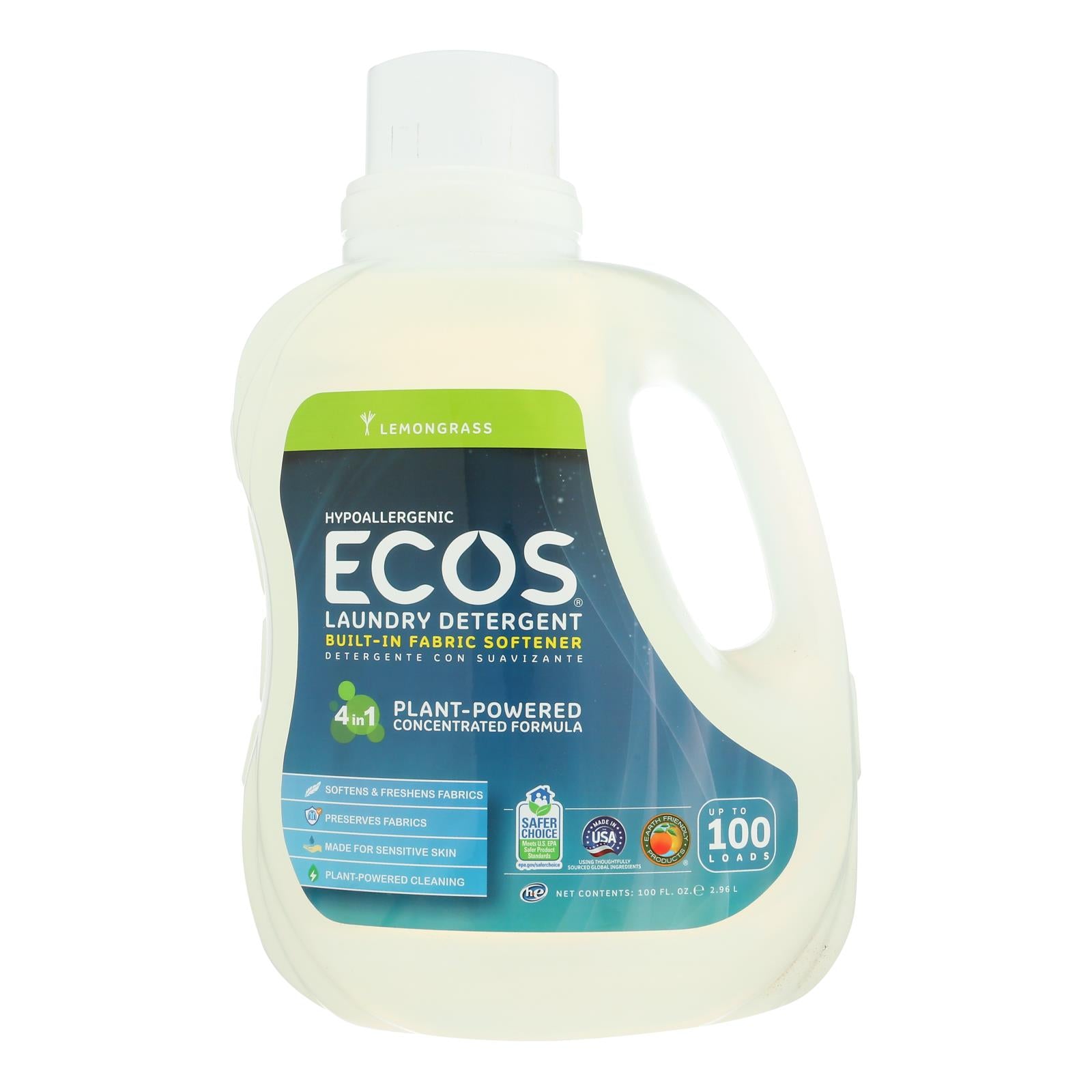 Earth Friendly, Earth Friendly Ecos Ultra 2x All Natural Laundry Detergent - Lemongrass - Case of 4 - 100 fl oz (Pack of 4)