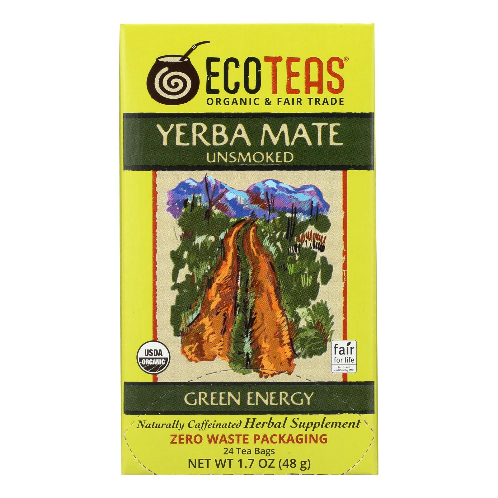 Ecoteas, Ecoteas Organic Yerba Mate Unsmoked Green Energy Tea Bags - Case of 6 - 24 Bags (Pack of 6)