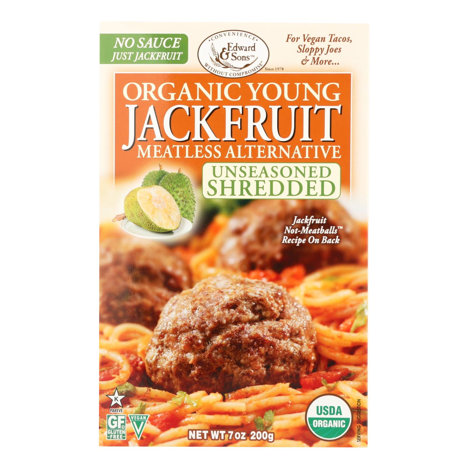 Edward & Sons, Edward & Sons Unseasoned Shredded Organic Young Jackfruit Meatless Alternative  - Case of 6 - 7 OZ (Pack of 6)