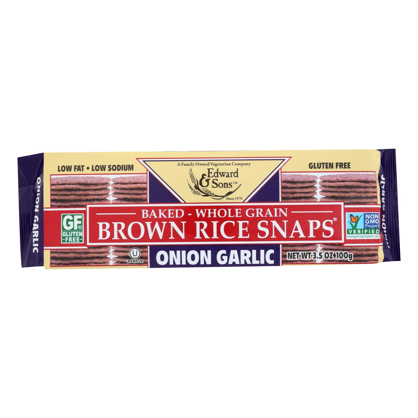 Edward & Sons, Edward and Sons Brown Rice Snaps - Onion Garlic - Case of 12 - 3.5 oz. (Pack of 12)