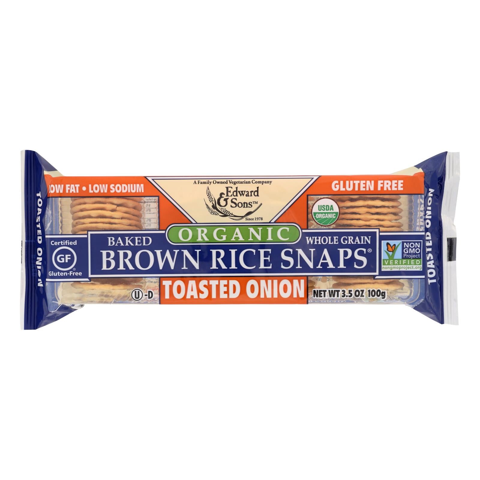 Edward & Sons, Edward and Sons Brown Rice Snaps - Toasted Onion - Case of 12 - 3.5 oz. (Pack of 12)