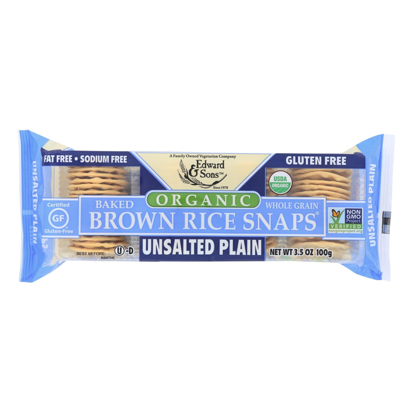 Edward & Sons, Edward and Sons Brown Rice Snaps - Unsalted Plain - Case of 12 - 3.5 oz. (Pack of 12)