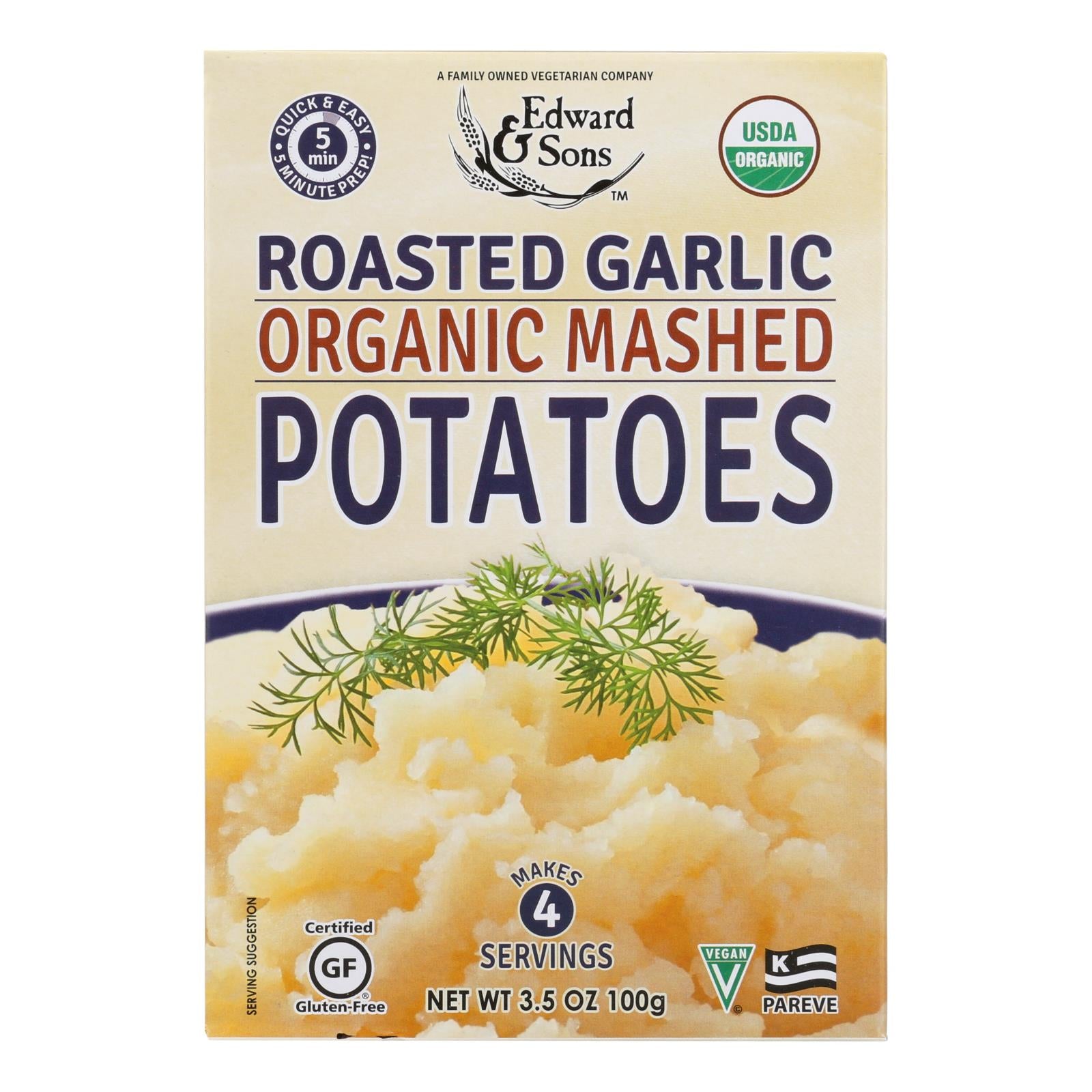 Edward & Sons, Edward and Sons Organic Mashed Potatoes - Roasted Garlic - Case of 6 - 3.5 oz. (Pack of 6)