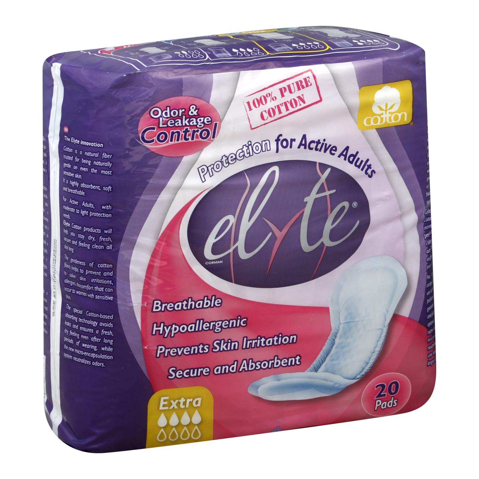 Elyte, Elyte Light Cotton Incontinence Pads - Extra - 5 in x 13 in - 20 Pack