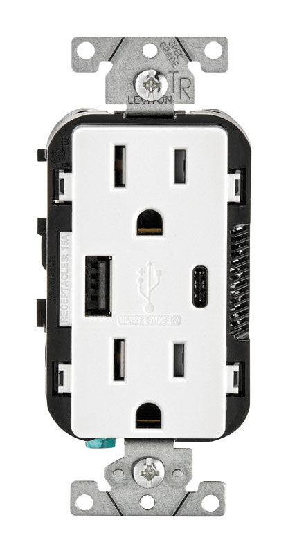 Leviton Mfg Co Inc, Leviton Decora 15 amps 125 V Type A/C Duplex White Outlet and USB Charger 5-15R 1 pk