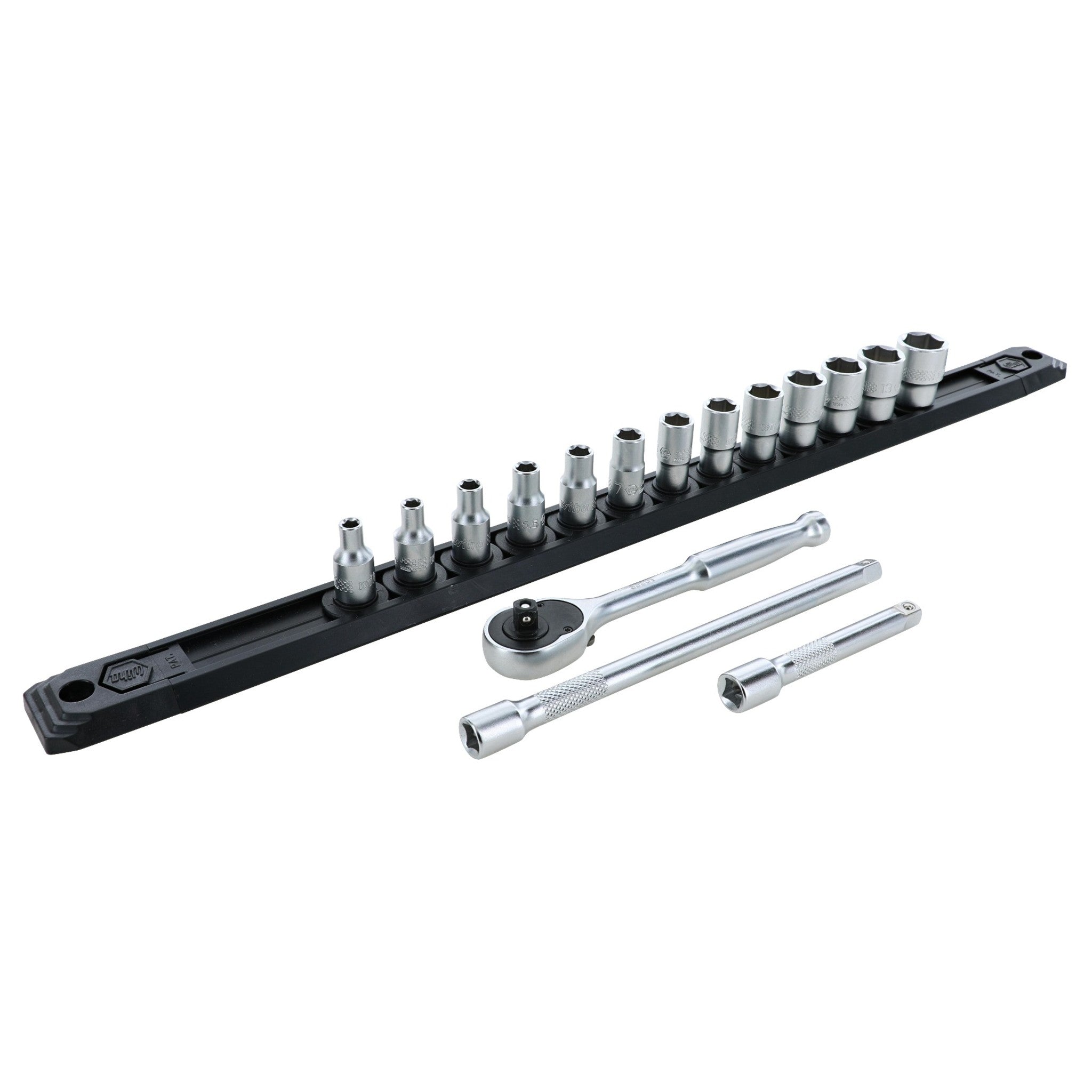 Wiha, 16 Piece Professional Socket and Ratchet Set with 3 and 6 Inch Extension Bars - Metric